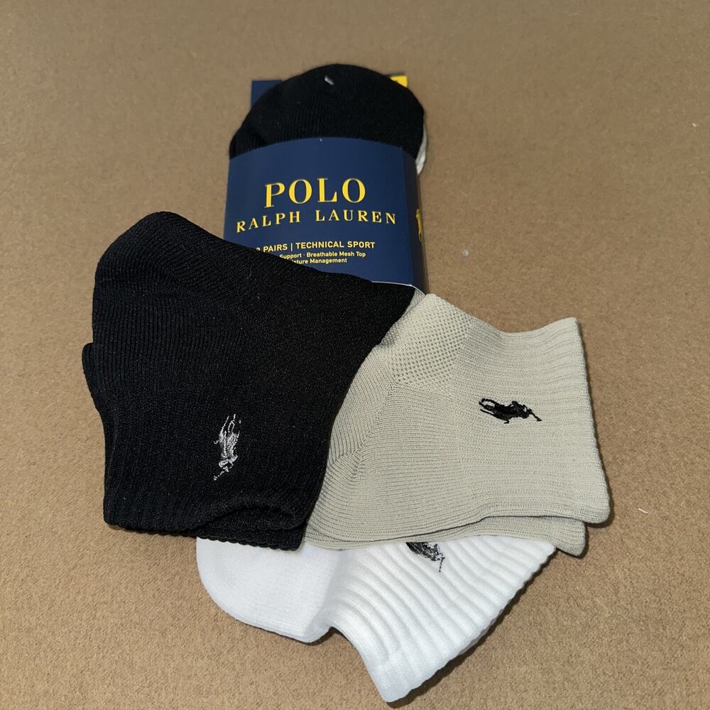 Polo Ralph Lauren Technical Sport Ultralight Quarter Socks 10-13 3 Pack Assorted